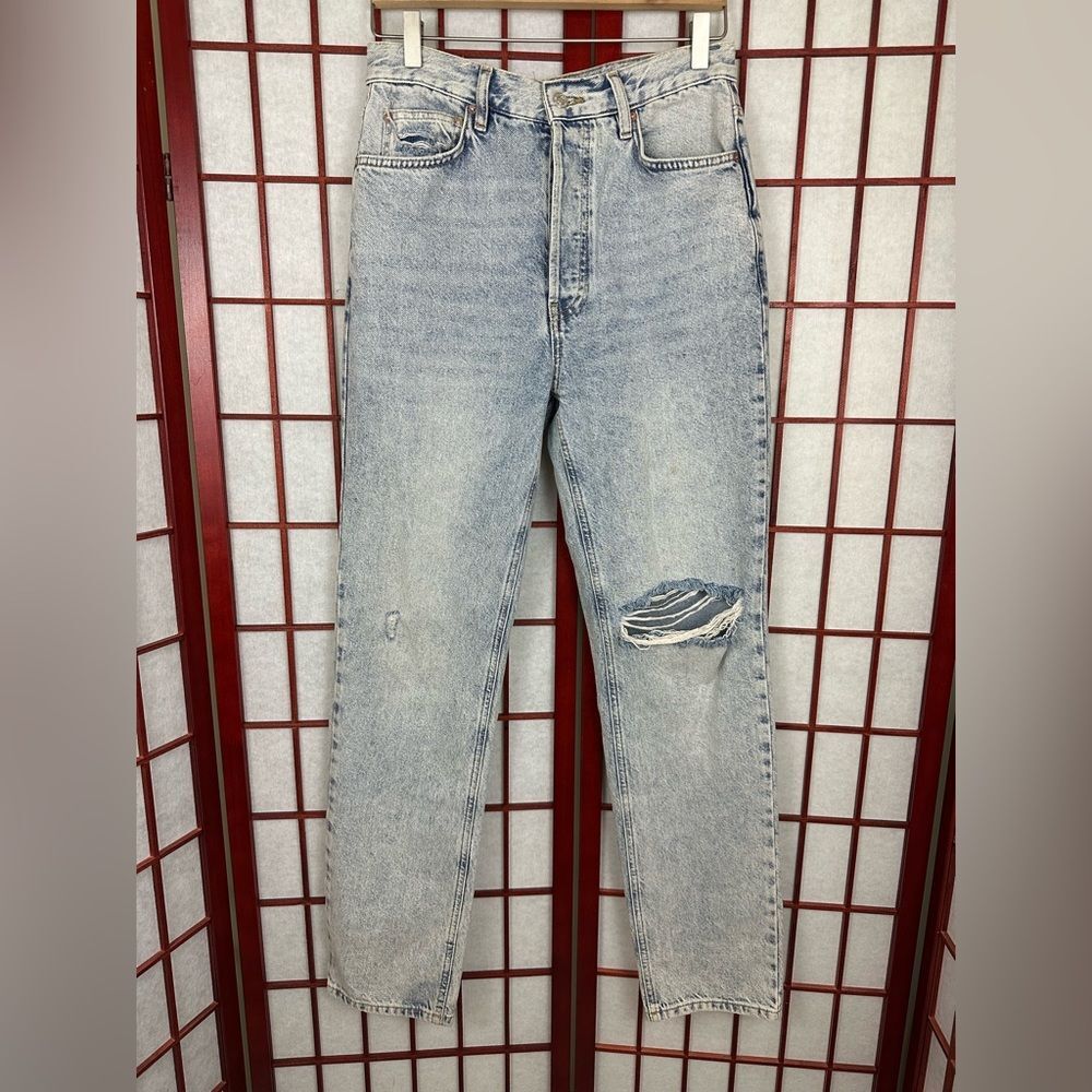 Free People We the Free Lasso Jean Light Wash High Rise Straight Leg Ripped Knee